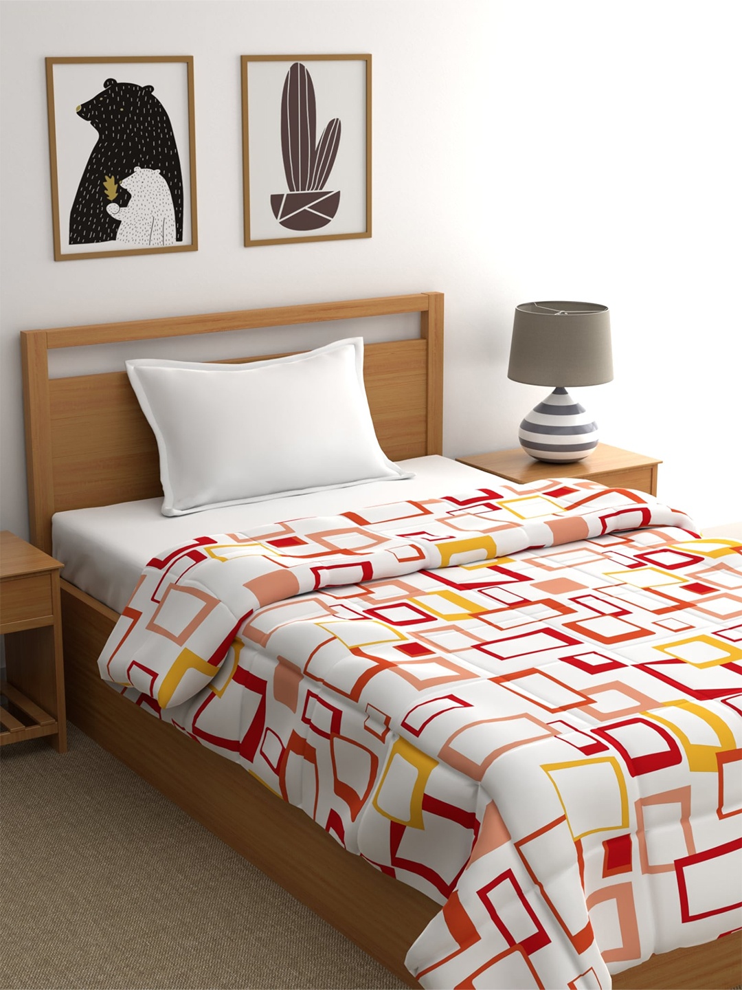 

Home Ecstasy White & Orange Geometric 150 GSM AC Cotton Single Bed Comforter