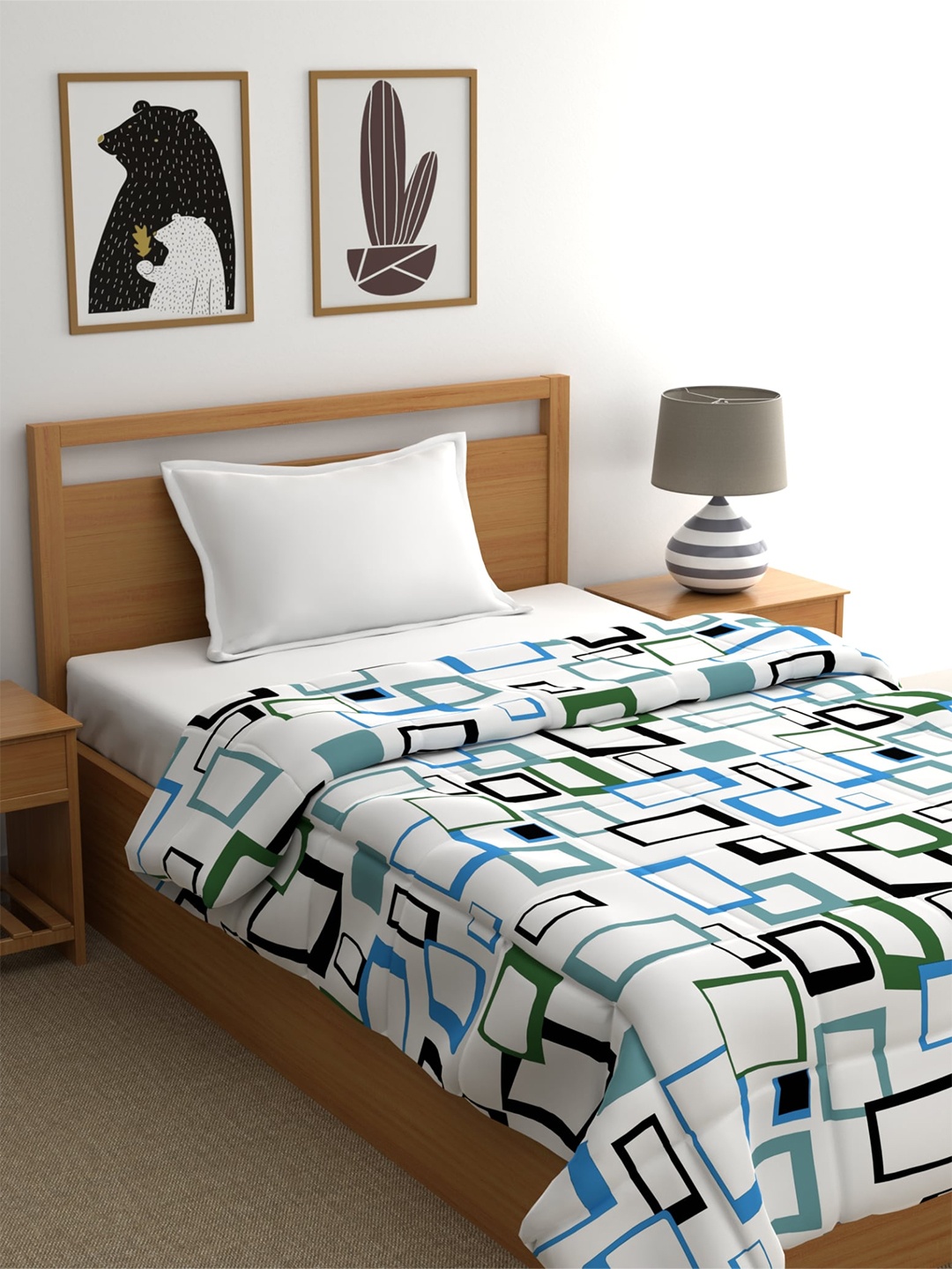 

Home Ecstasy White & Blue Geometric 150 GSM AC Single Bed Comforter