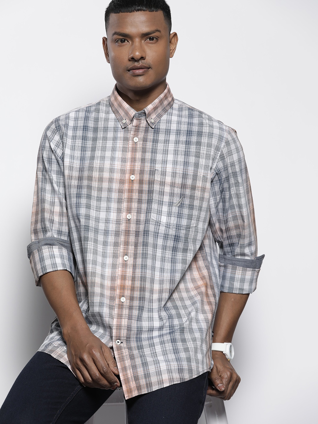 

Nautica Pure Cotton Checked Classic Casual Shirt, Off white