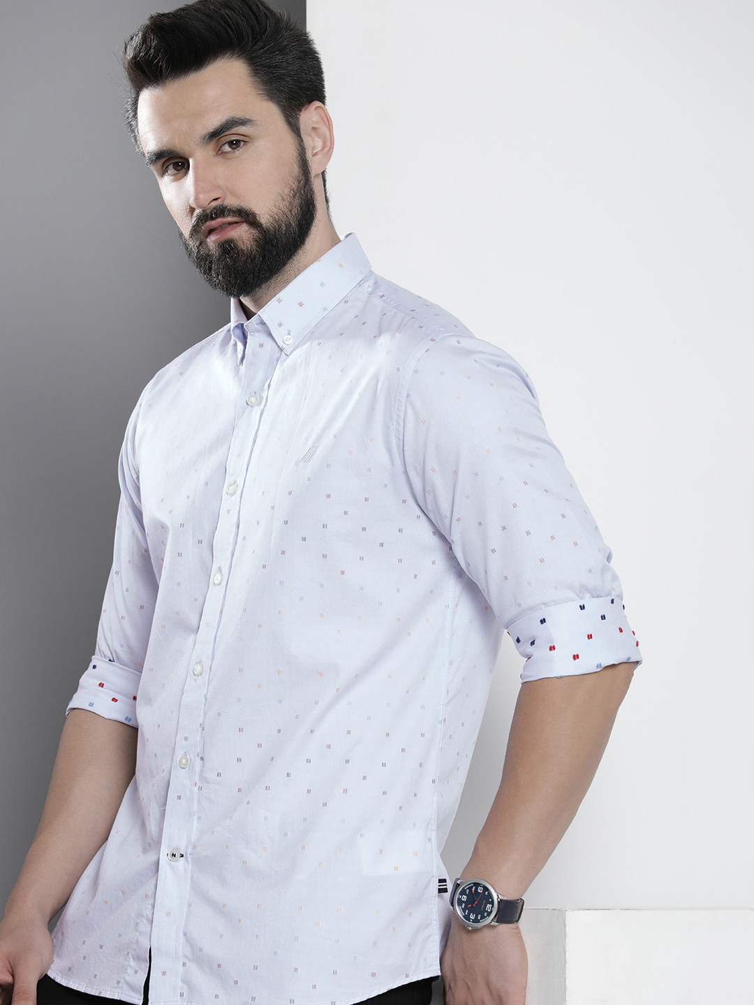 

Nautica Self Design Slim Fit Pure Cotton Casual Shirt, Blue