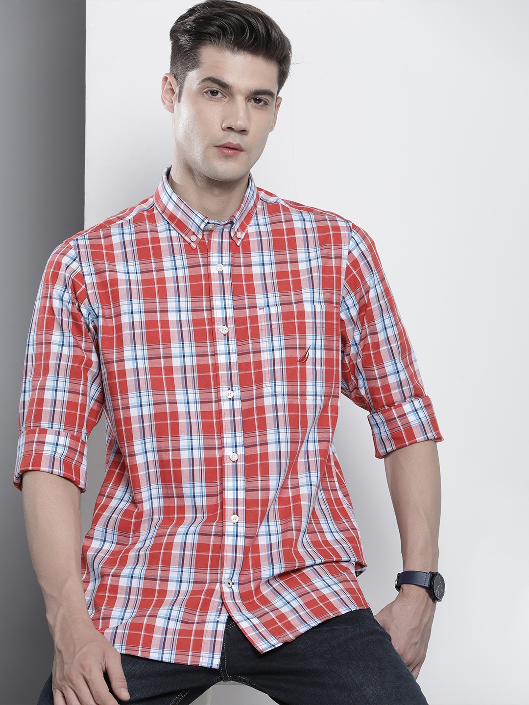 

Nautica Slim Fit Checked Pure Cotton Casual Shirt, Red