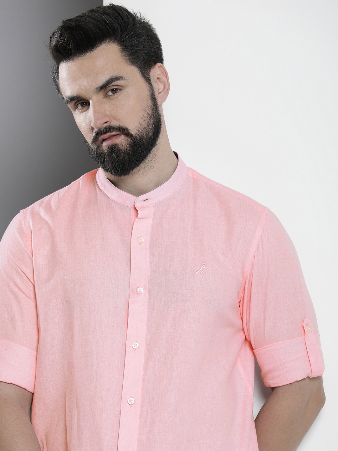 

Nautica Solid Classic Fit Cotton Linen Casual Shirt, Pink