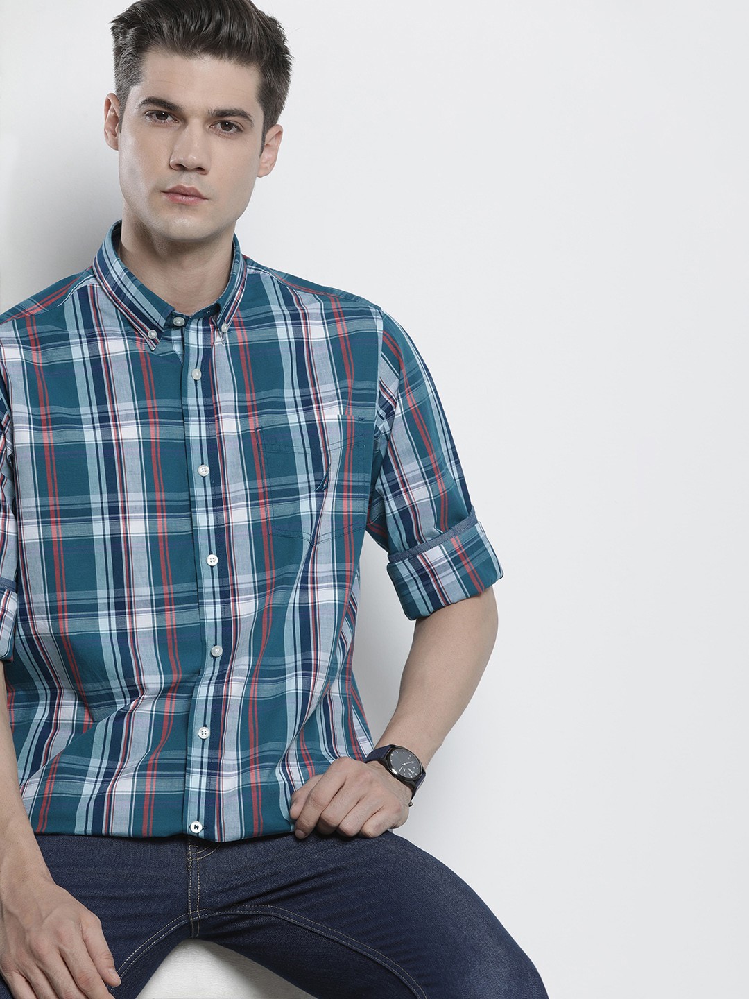 

Nautica Men Pure Cotton Classic Tartan Checks Opaque Casual Shirt, Teal