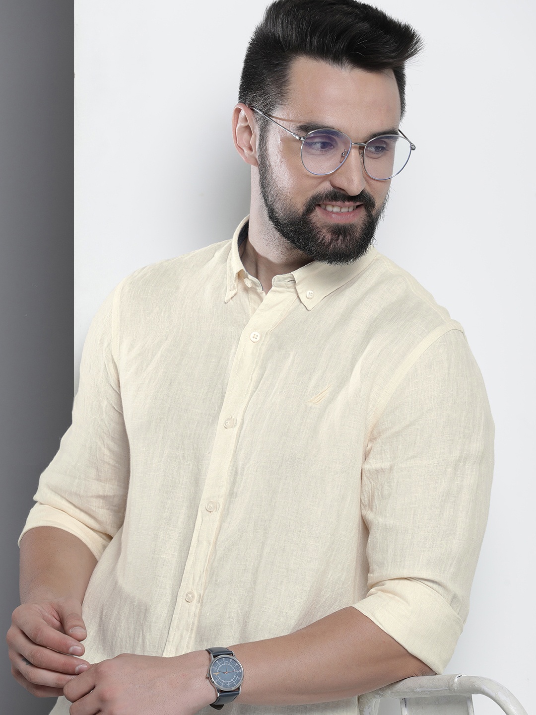 

Nautica Classic Pure Linen Button-Down Collar Casual Shirt, Cream
