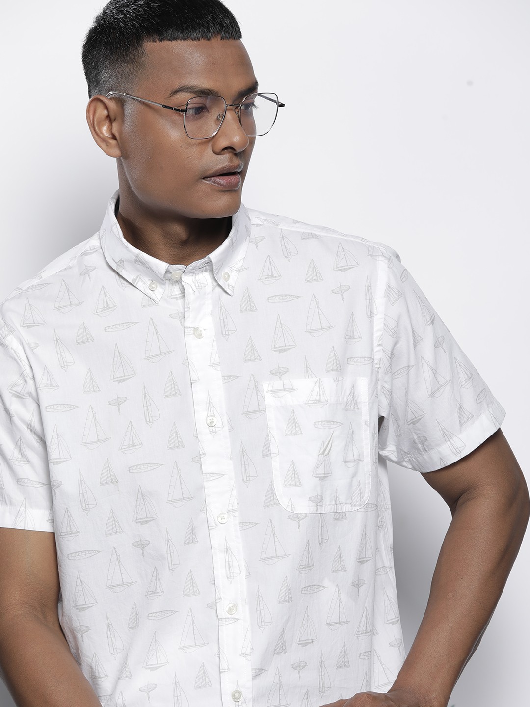 

Nautica Men Classic Nautical Printed Pure Cotton Casual Shirt, White