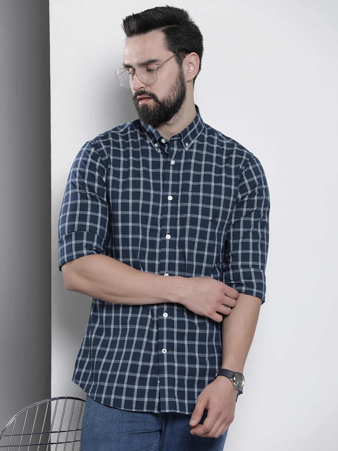 

Nautica Slim Fit Checked Casual Shirt, Navy blue