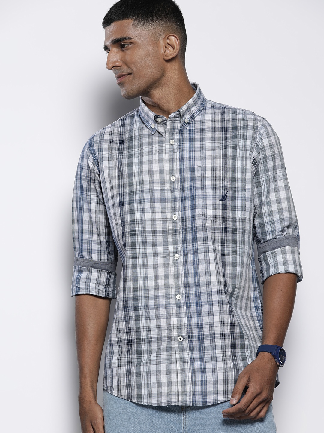 

Nautica Pure Cotton Checked Classic Casual Shirt, Off white