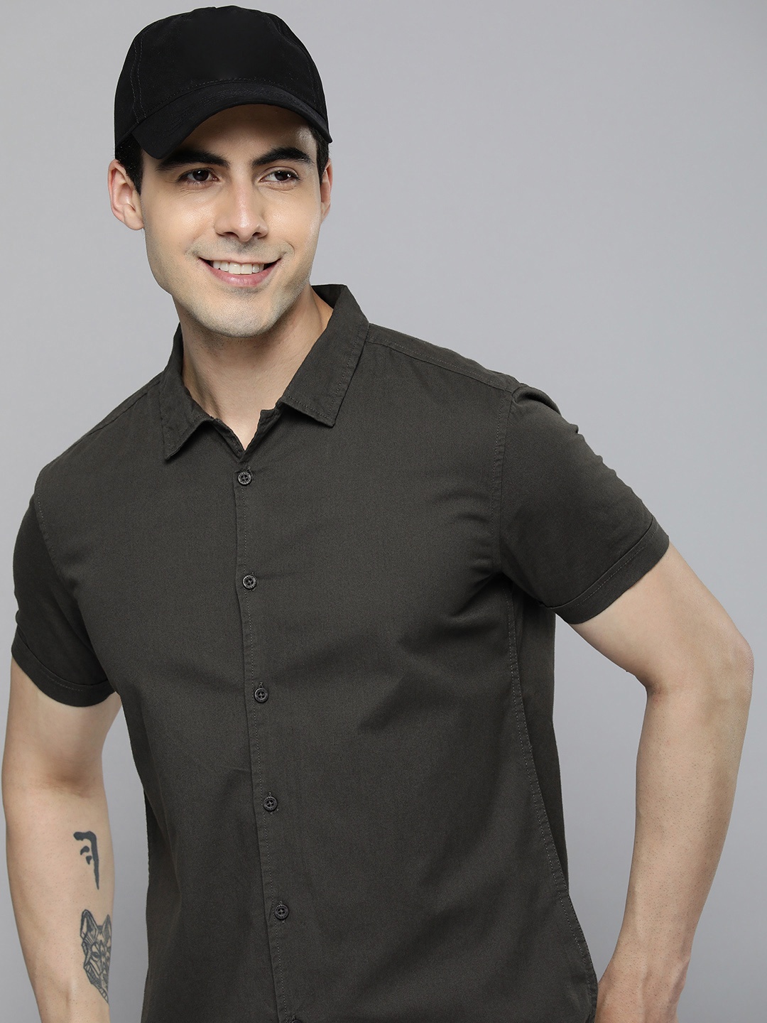 

HERE&NOW Men Pure Cotton Slim Fit Cuban Collar Casual Shirt, Grey