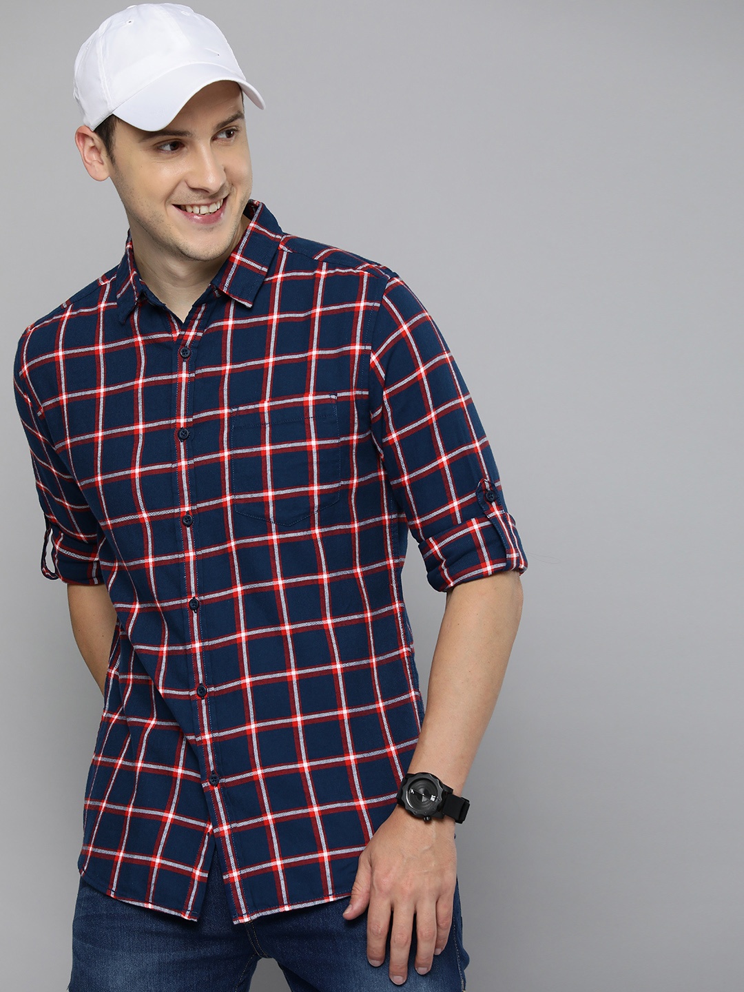 

HERE&NOW Men Pure Cotton Slim Fit Checked Casual Shirt, Navy blue