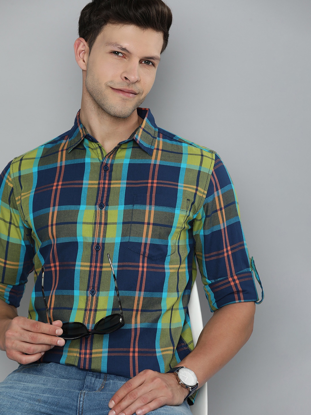

HERE&NOW Men Slim Fit Tartan Checks Opaque Pure Cotton Casual Shirt With Chest Pocket, Green