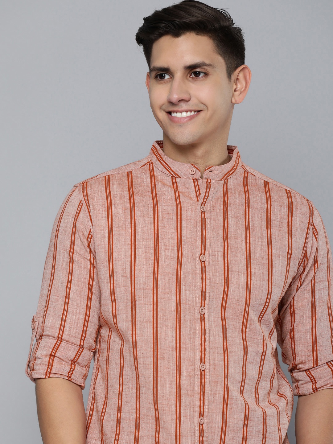 

HERE&NOW Men Striped Pure Cotton Casual Shirt, Brown