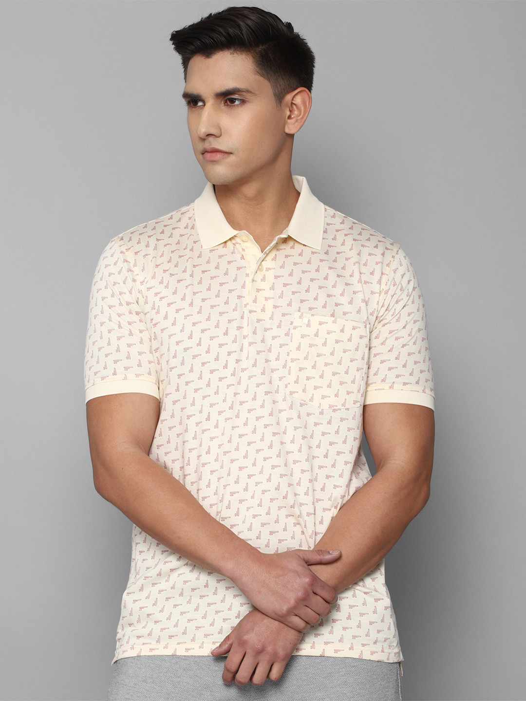 

Louis Philippe Men Printed Polo Collar Pure Cotton T-shirt, Cream