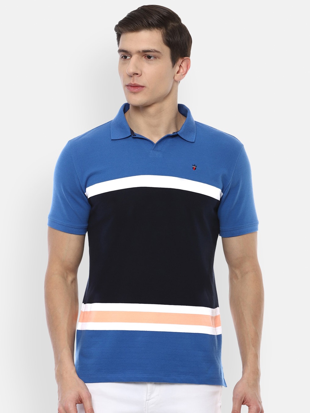 

Louis Philippe Jeans Men Colourblocked Polo Collar Slim Fit Pure Cotton T-shirt, Blue