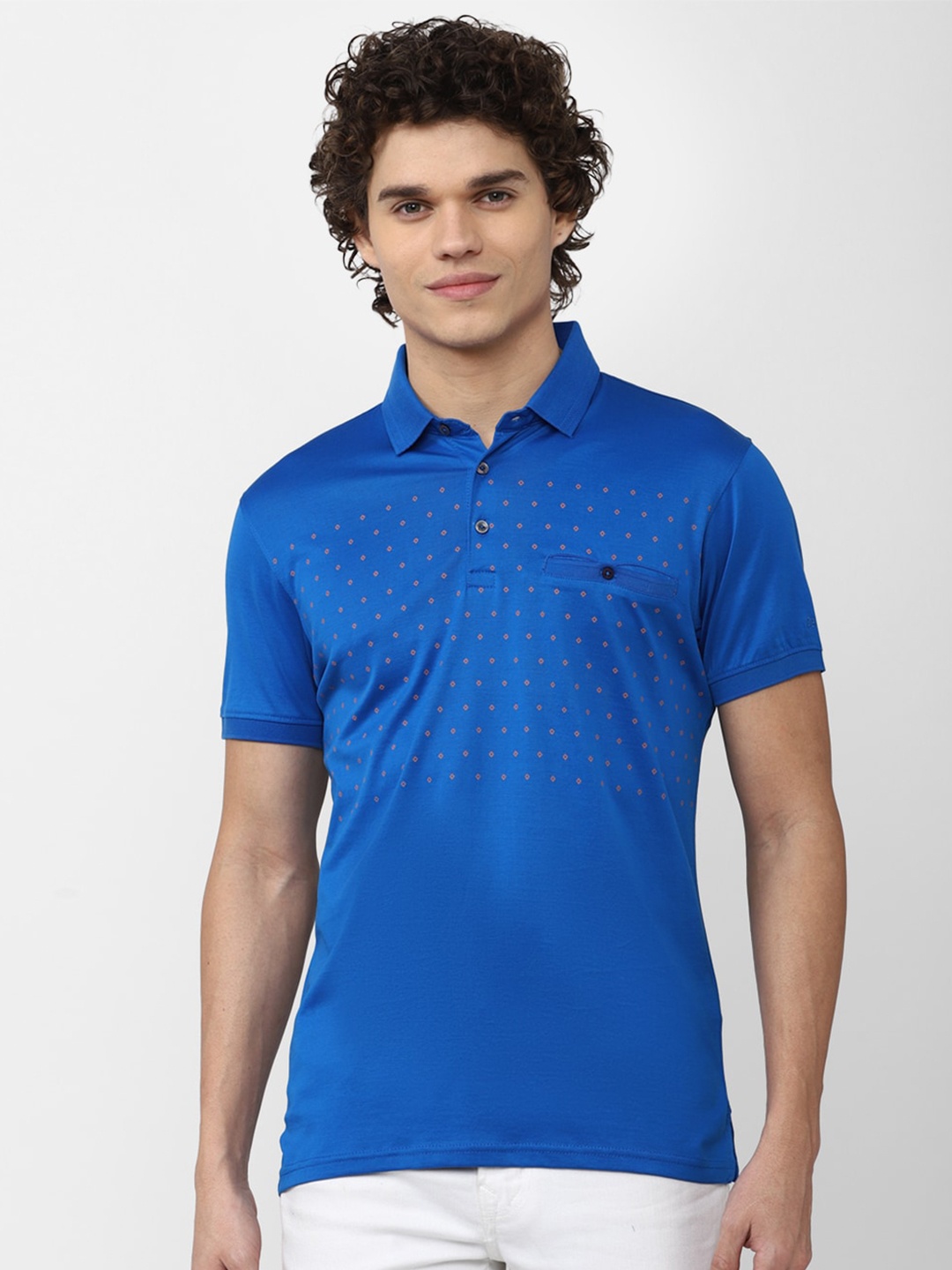 

Peter England Casuals Men Printed Cotton Polo Collar Slim Fit T-shirt, Blue