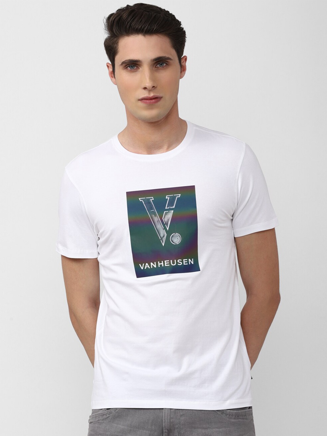 

V Dot Men White Cotton Typography Printed T-shirt