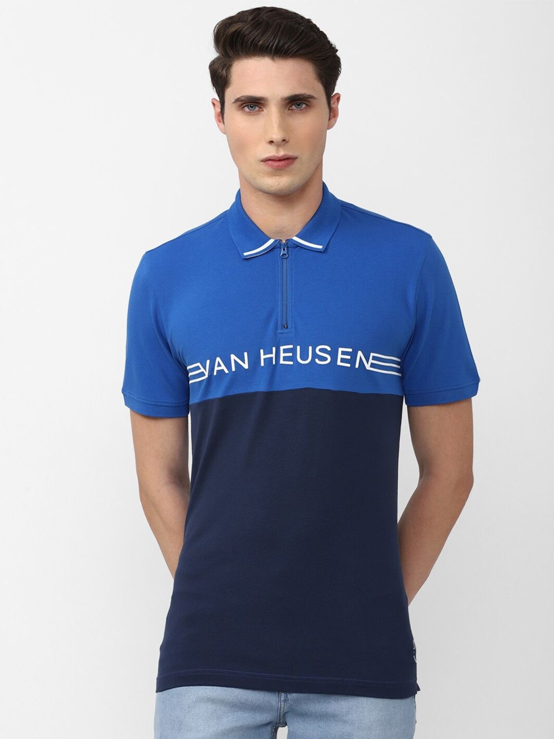 

VAN HEUSEN DENIM LABS Men Blue Cotton Colourblocked Polo Collar T-shirt