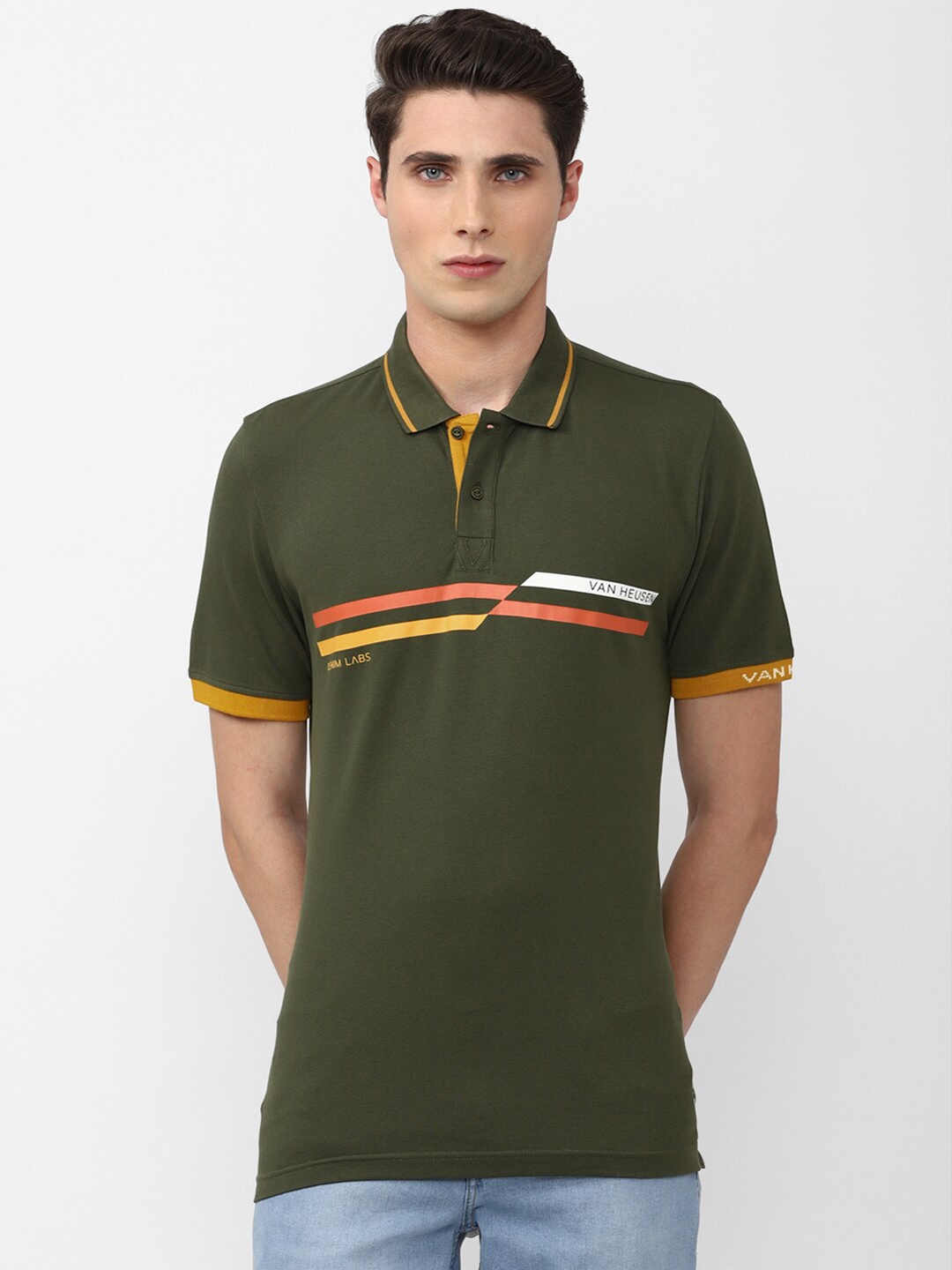 

VAN HEUSEN DENIM LABS Men Olive Green Cotton Polo Collar T-shirt