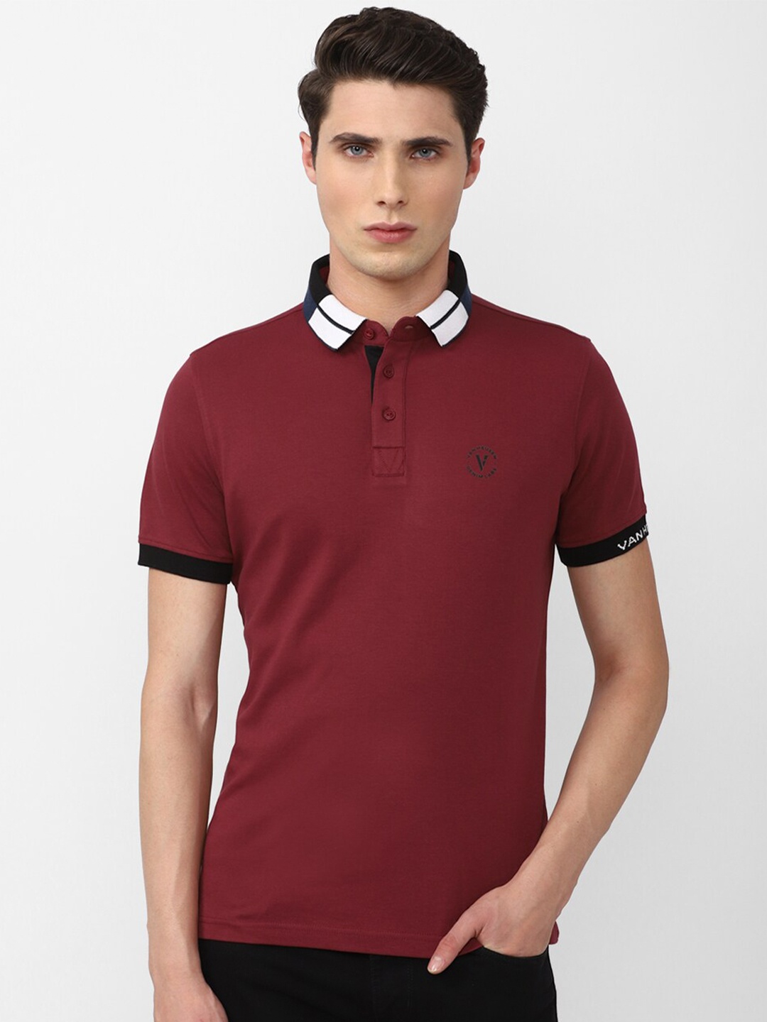 

VAN HEUSEN DENIM LABS Men Maroon Cotton Polo Collar T-shirt