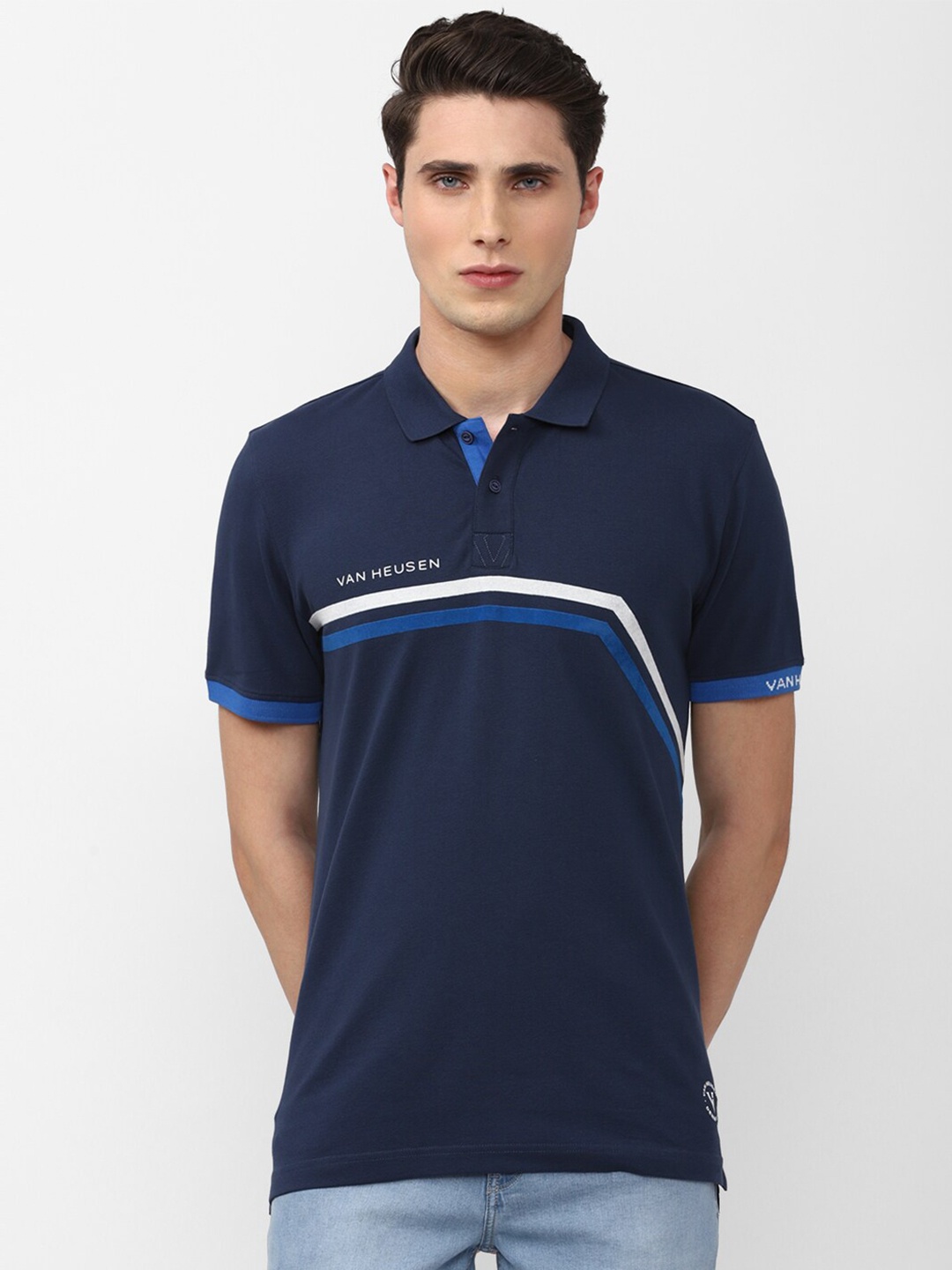 

VAN HEUSEN DENIM LABS Men Navy Blue Cotton Polo Collar T-shirt