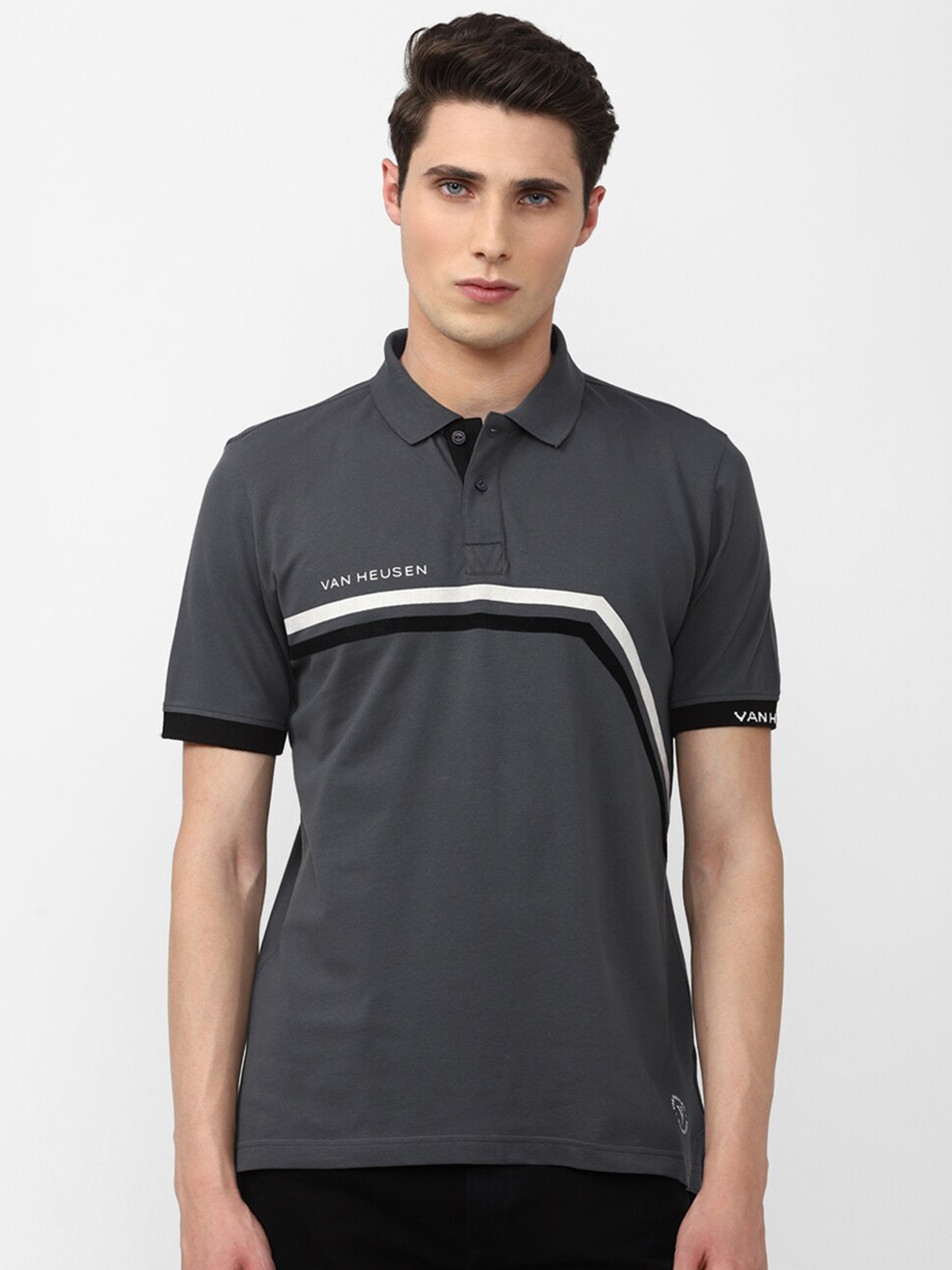 

VAN HEUSEN DENIM LABS Men Grey Cotton Polo Collar T-shirt