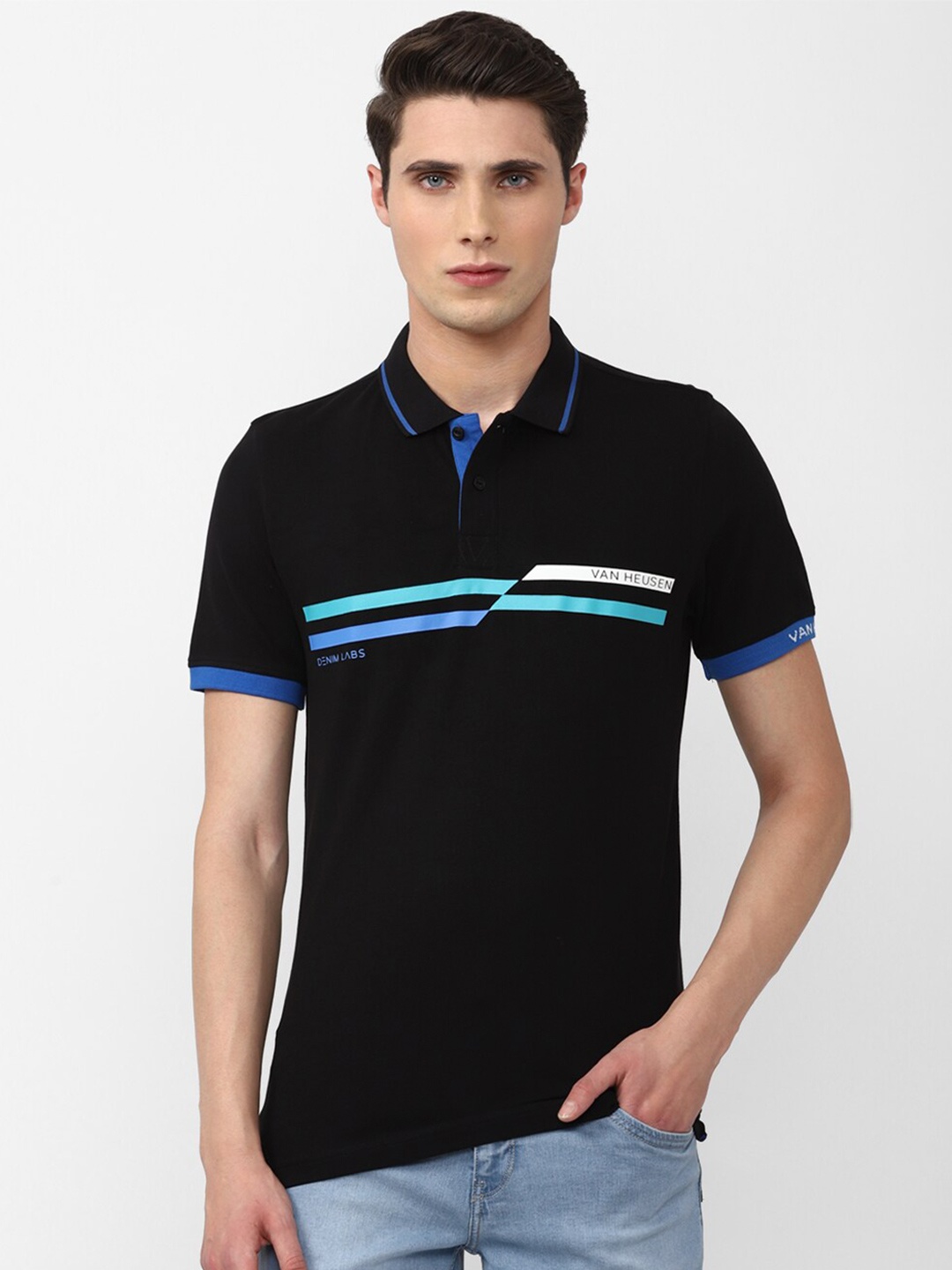 

VAN HEUSEN DENIM LABS Men Black Cotton Polo Collar T-shirt