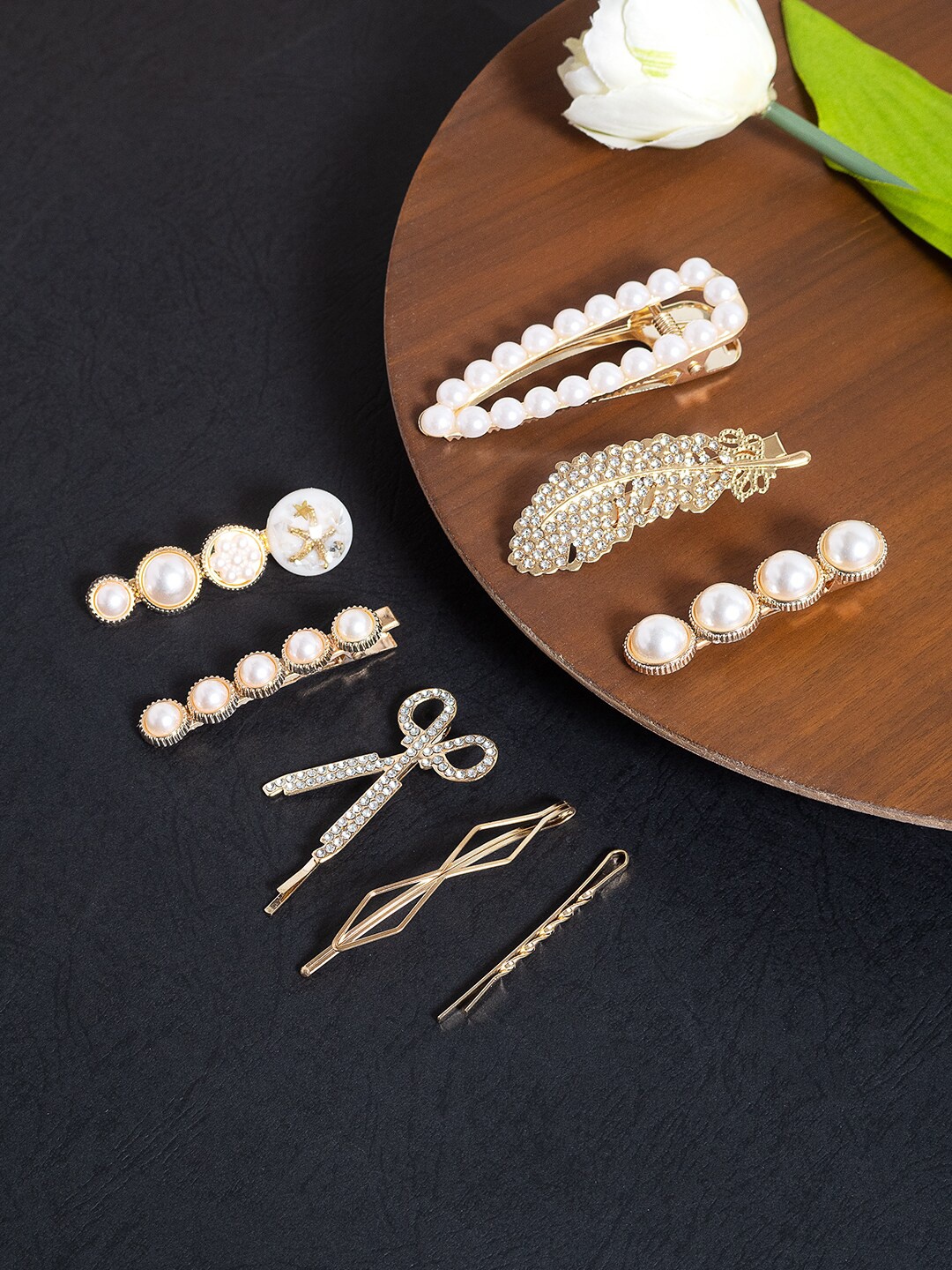 

Golden Peacock Women Set of 8 Embellished Hair Accessory, White