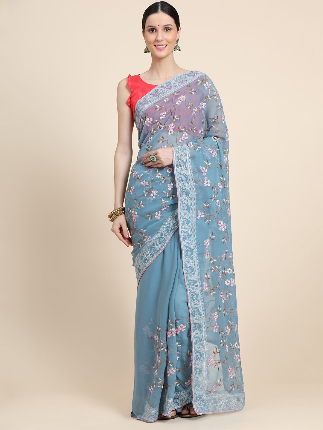 

Vastrasky Global Blue & Pink Floral Embroidered Pure Silk Mysore Silk Saree