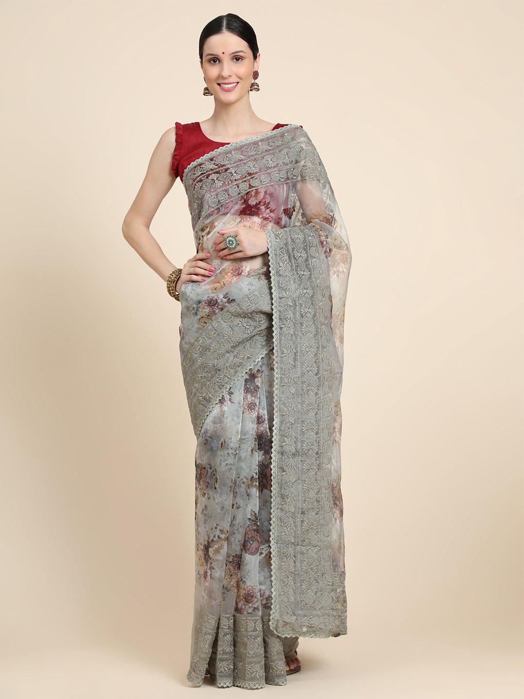 

Vastrasky Global Grey & Pink Floral Embroidered Mysore Silk Saree