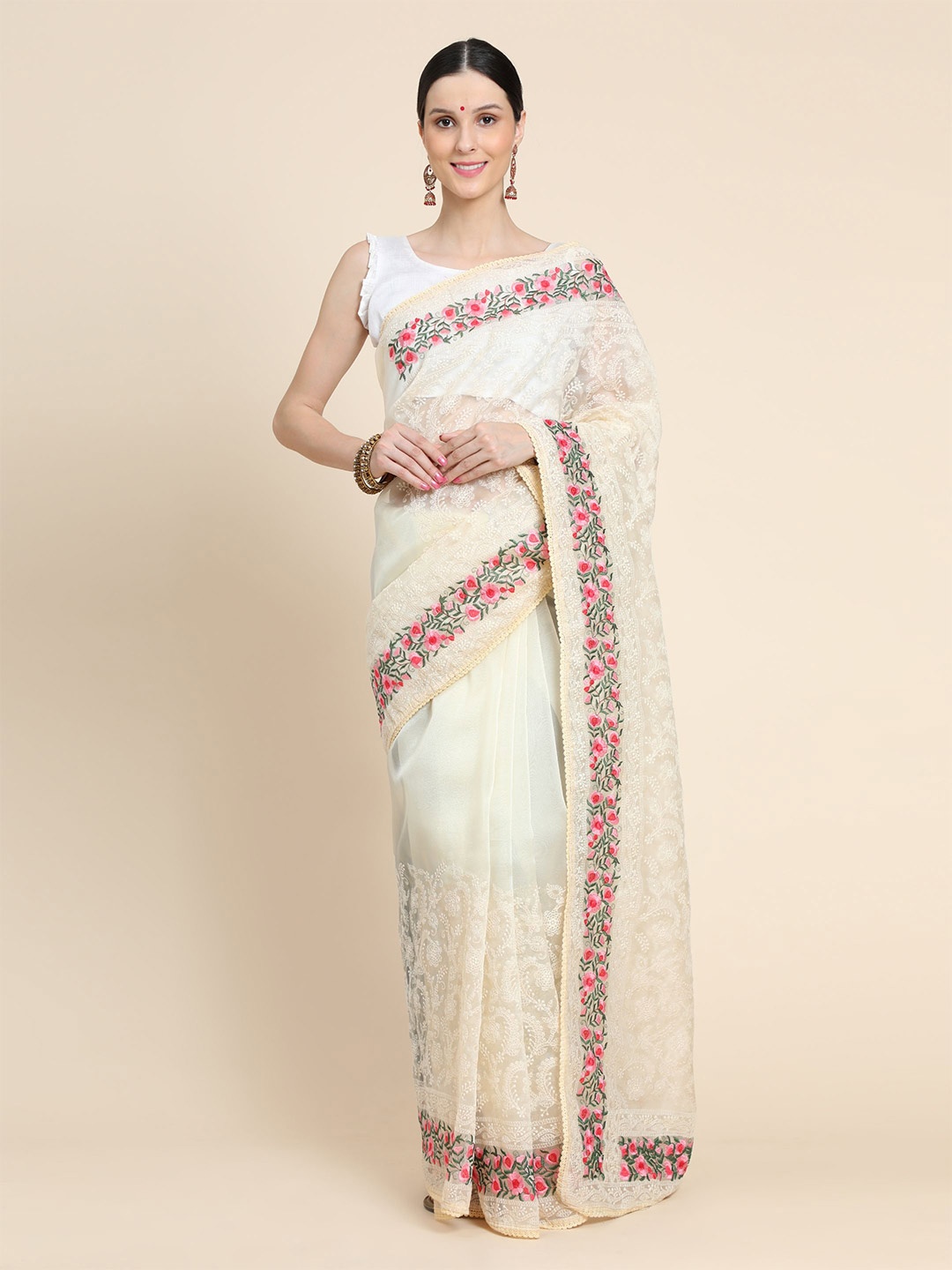 

Vastrasky Global Off White & Pink Floral Embroidered Mysore Silk Saree