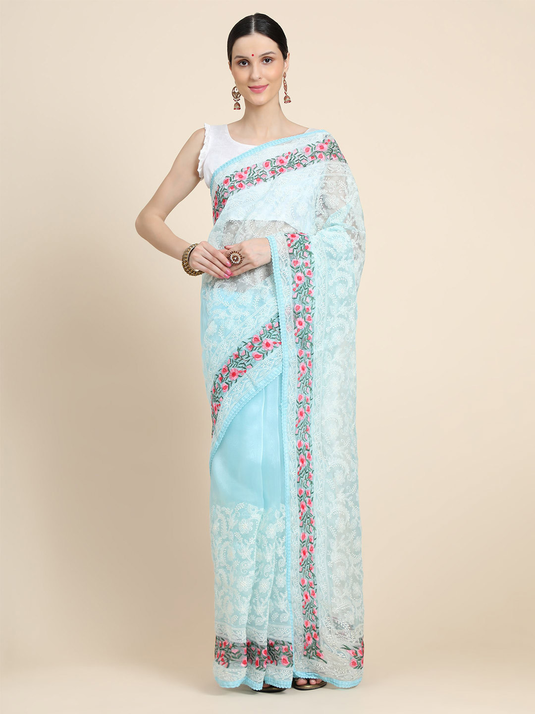 

Vastrasky Global Blue & Pink Floral Embroidered Mysore Silk Saree