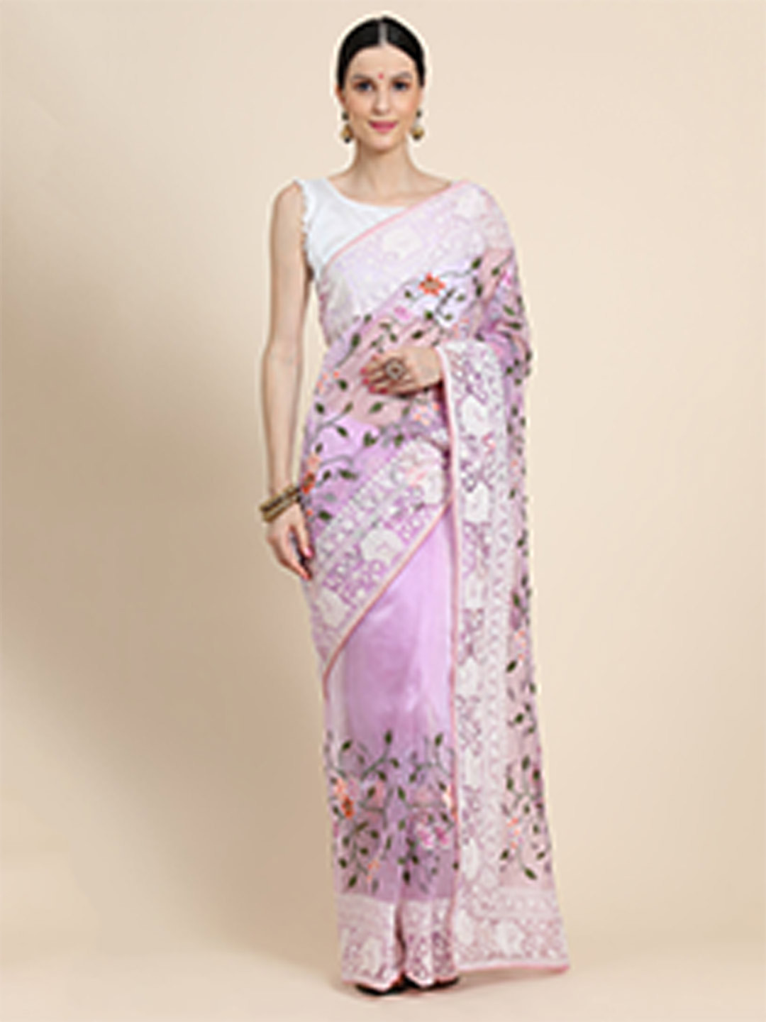 

Vastrasky Global Lavender & White Floral Embroidered Pure Georgette Mysore Silk Saree
