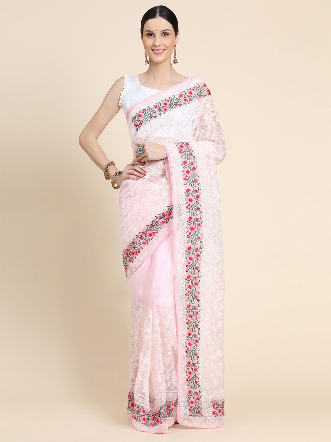 

Vastrasky Global Pink & Red Floral Embroidered Mysore Silk Saree