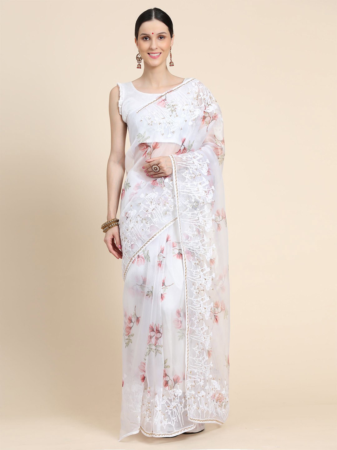 

Vastrasky Global White & Red Floral Embroidered Organza Mysore Silk Saree