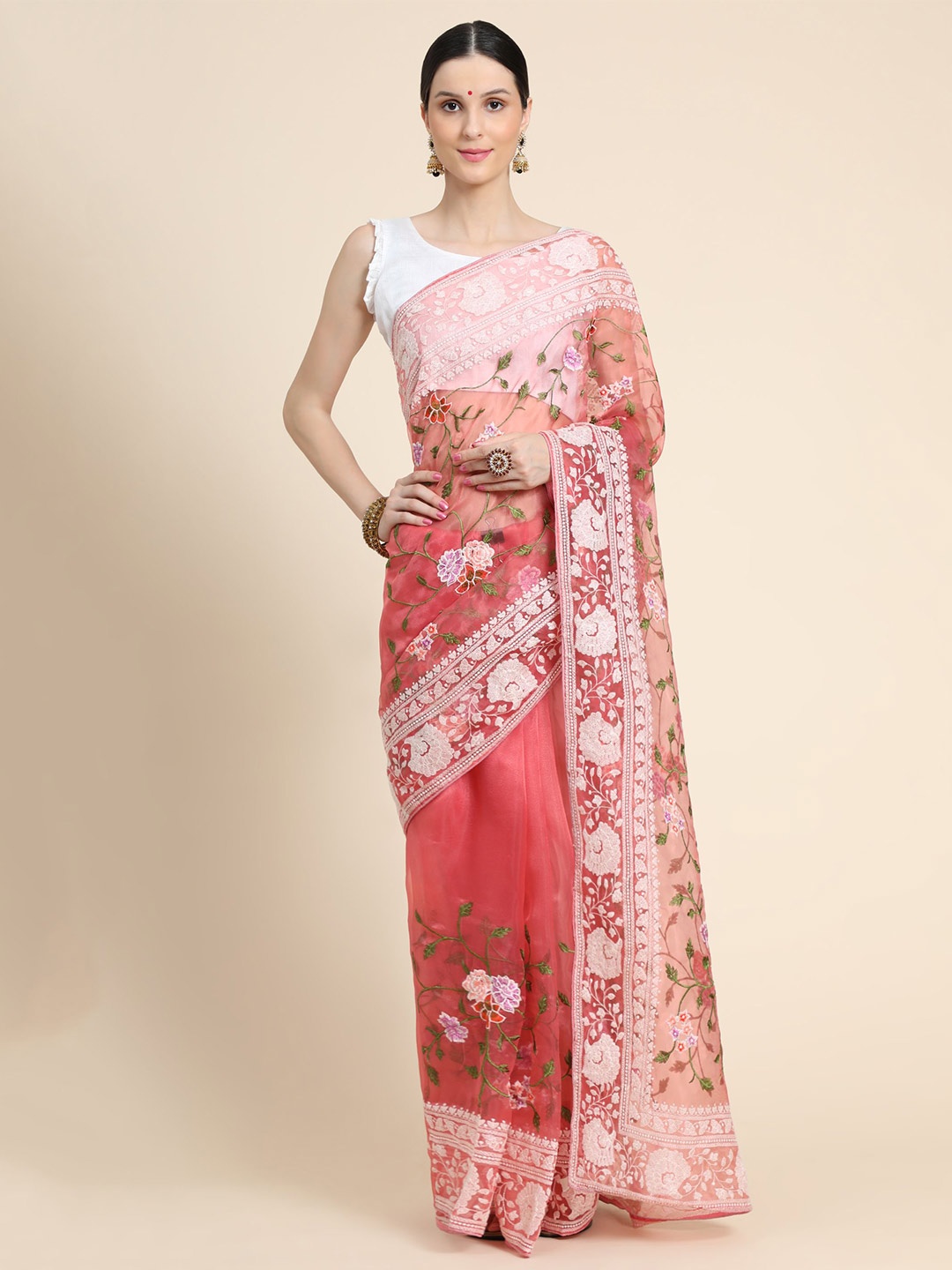 

Vastrasky Global Pink & White Floral Embroidered Pure Georgette Mysore Silk Saree