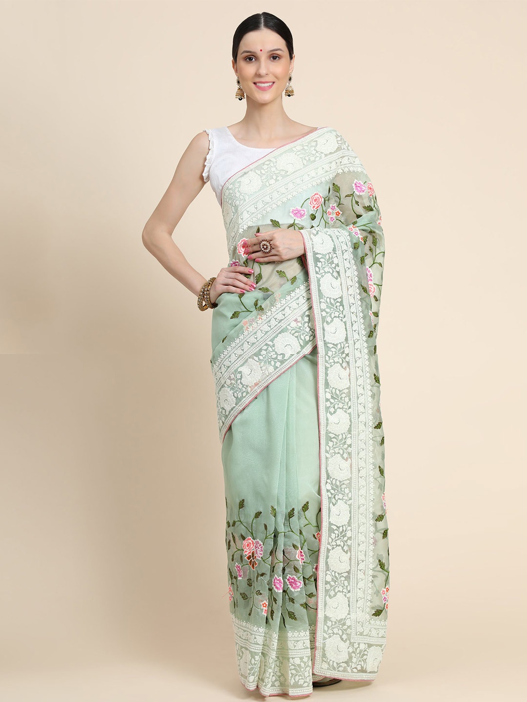 

Vastrasky Global Green & White Floral Embroidered Pure Georgette Mysore Silk Saree