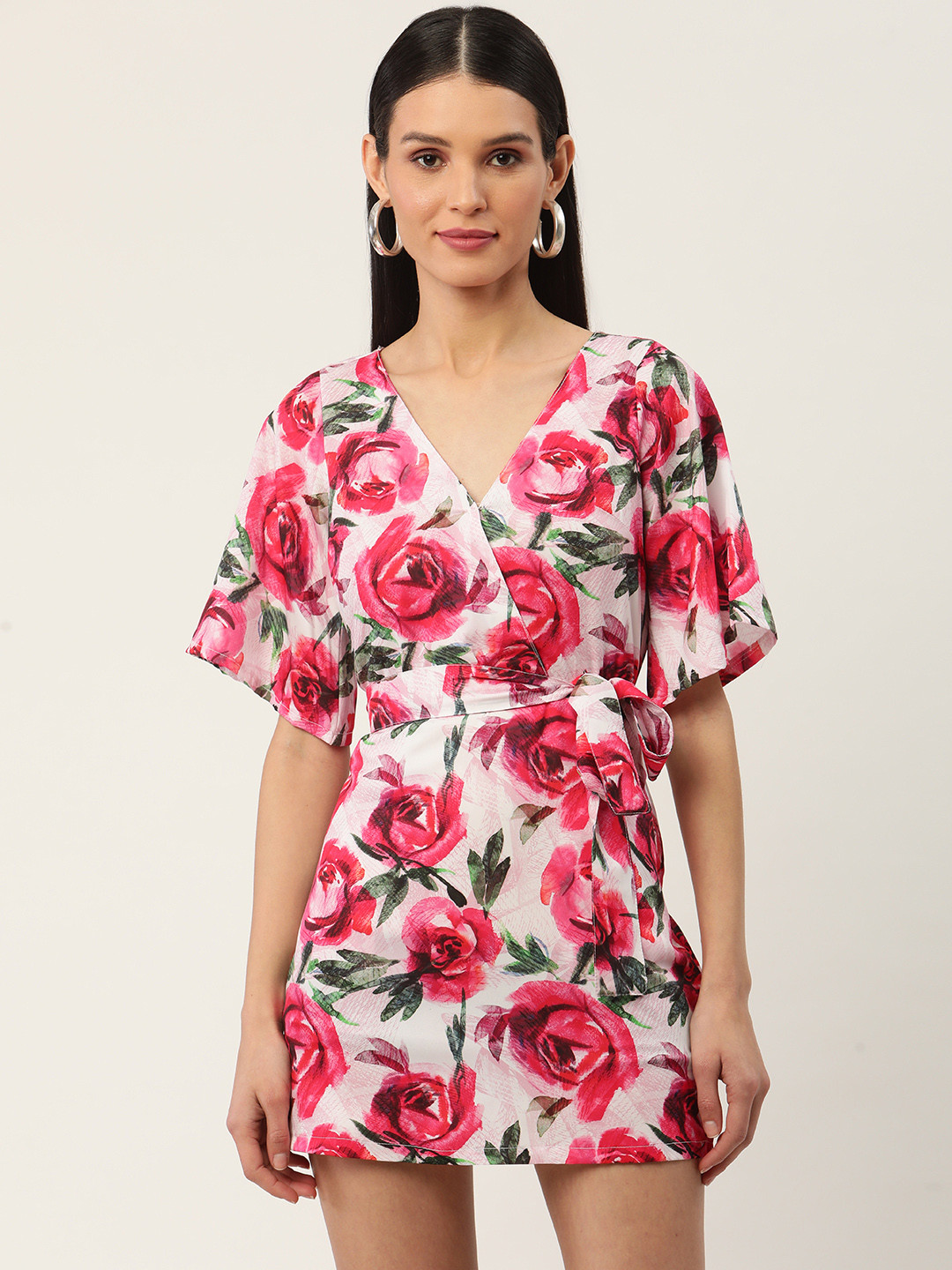 

Sleek Italia Floral Crepe Mini Wrap Dress with Belt, White