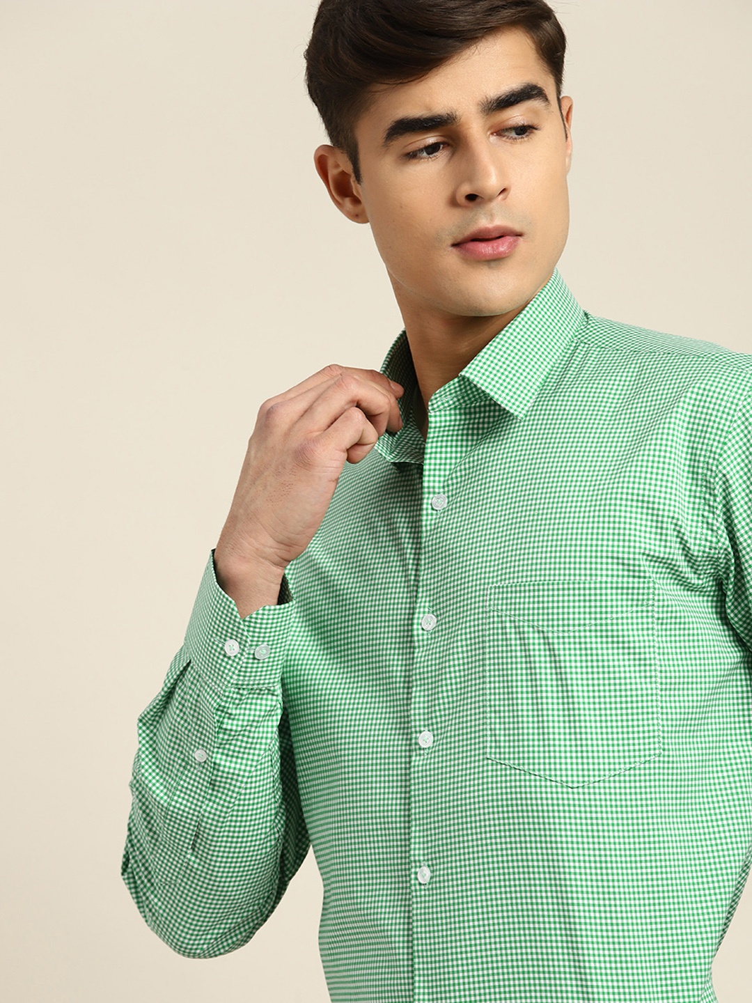 

Hancock Men Micro Checked Pure Cotton Slim Fit Formal Shirt, Green