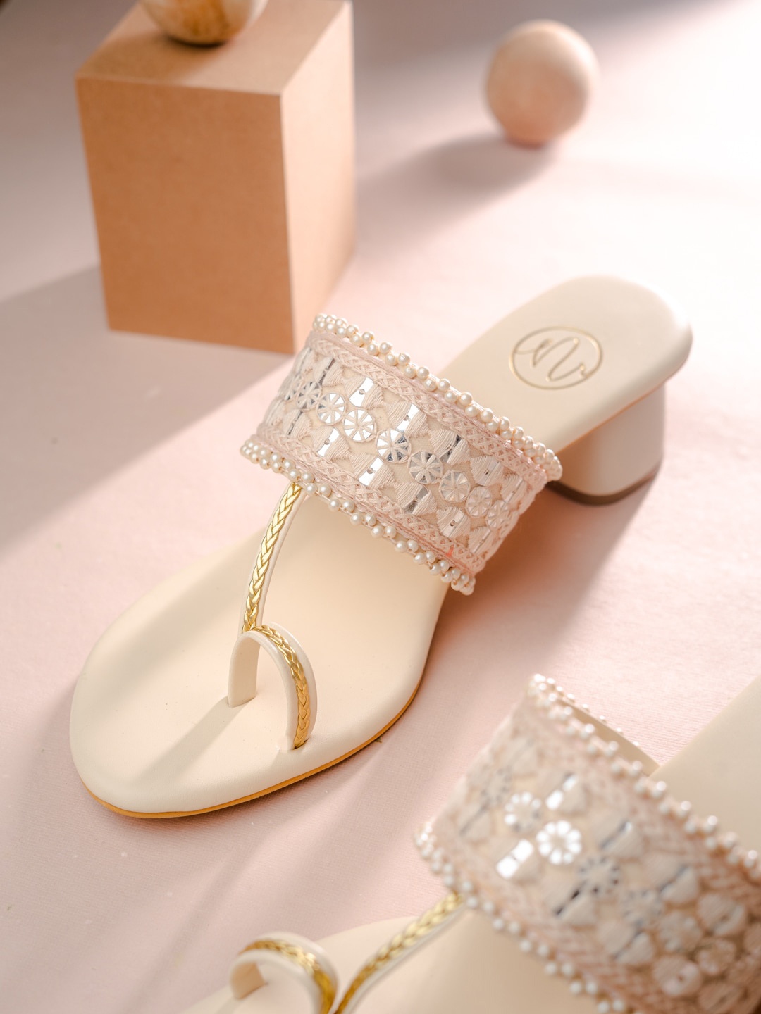 

NR By Nidhi Rathi Embellished Block Heels, Cream