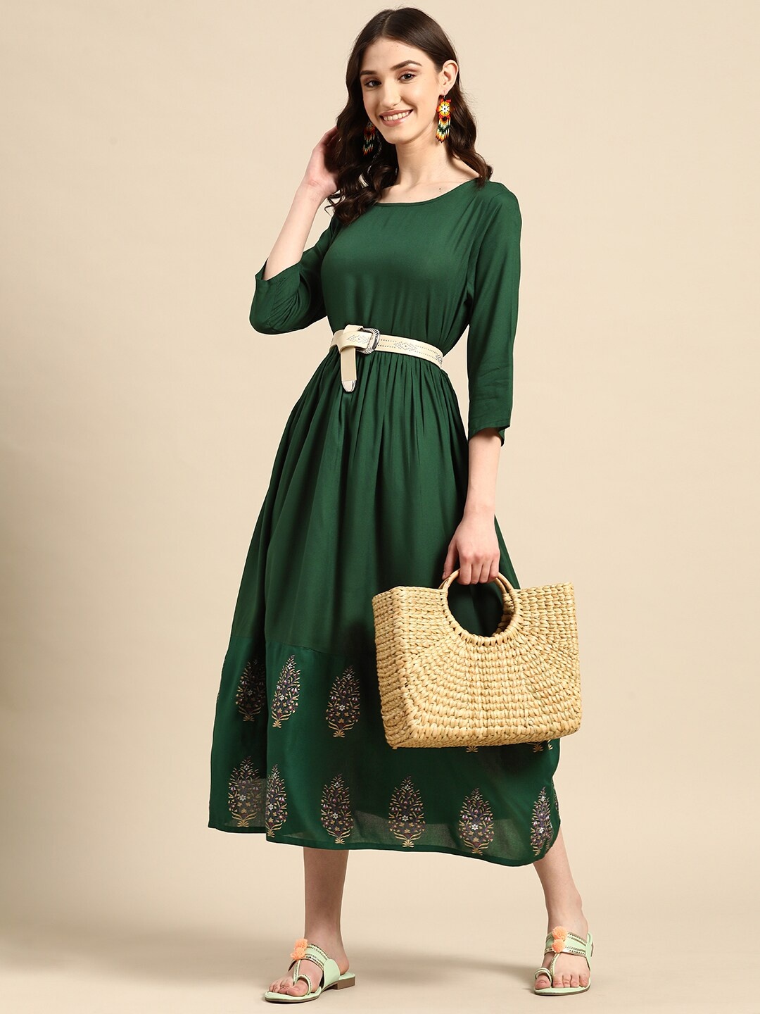 

Sangria A-Line Ethnic Midi Dress, Green