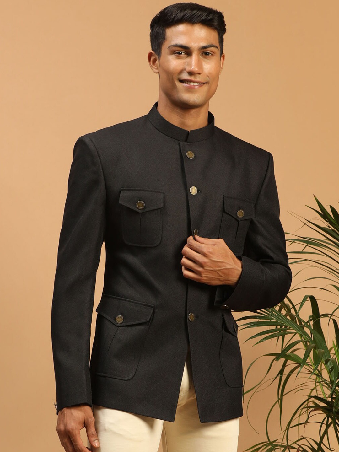 

VASTRAMAY Men Jodhpuri Bandhgala Silk Blend Blazers, Black