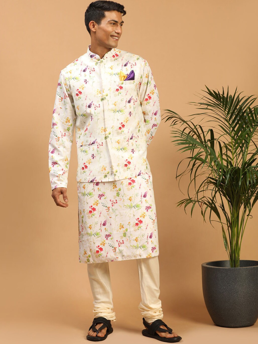 

VASTRAMAY Men Floral Printed Kurta with Churidar & Nehru Jacket, Cream