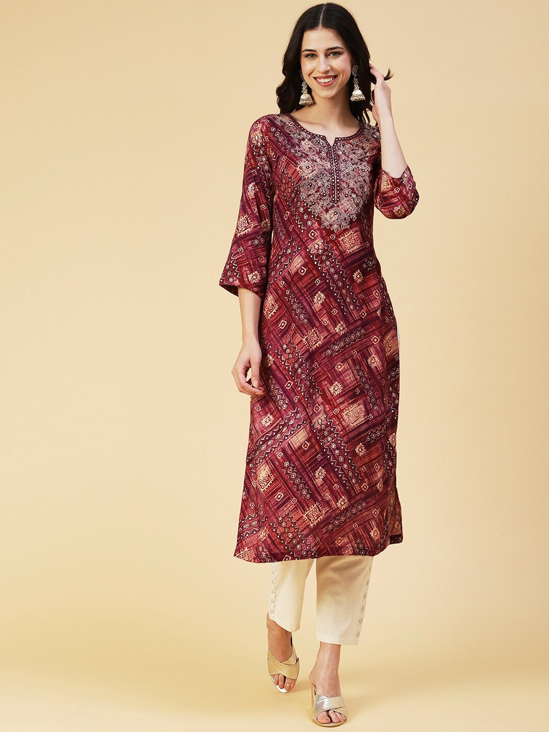 

FASHOR Printed Mirror Work Straight Regular Kurta, Mauve