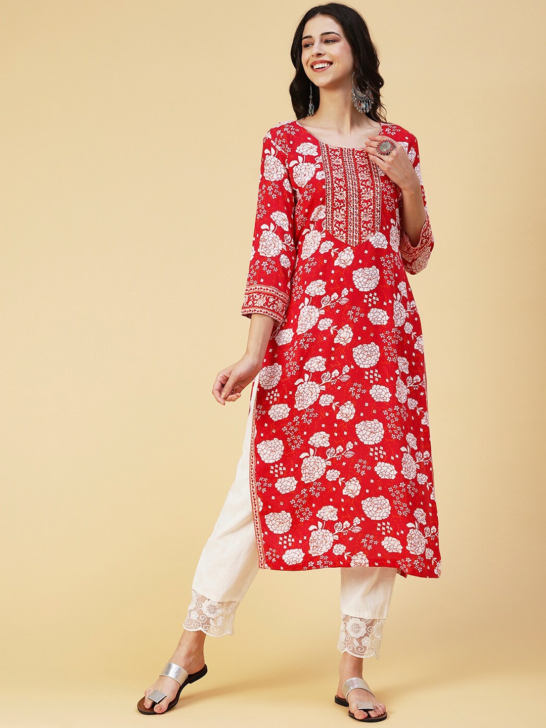 

FASHOR Floral Printed Mirror Work Floral Straight Kurta, Red