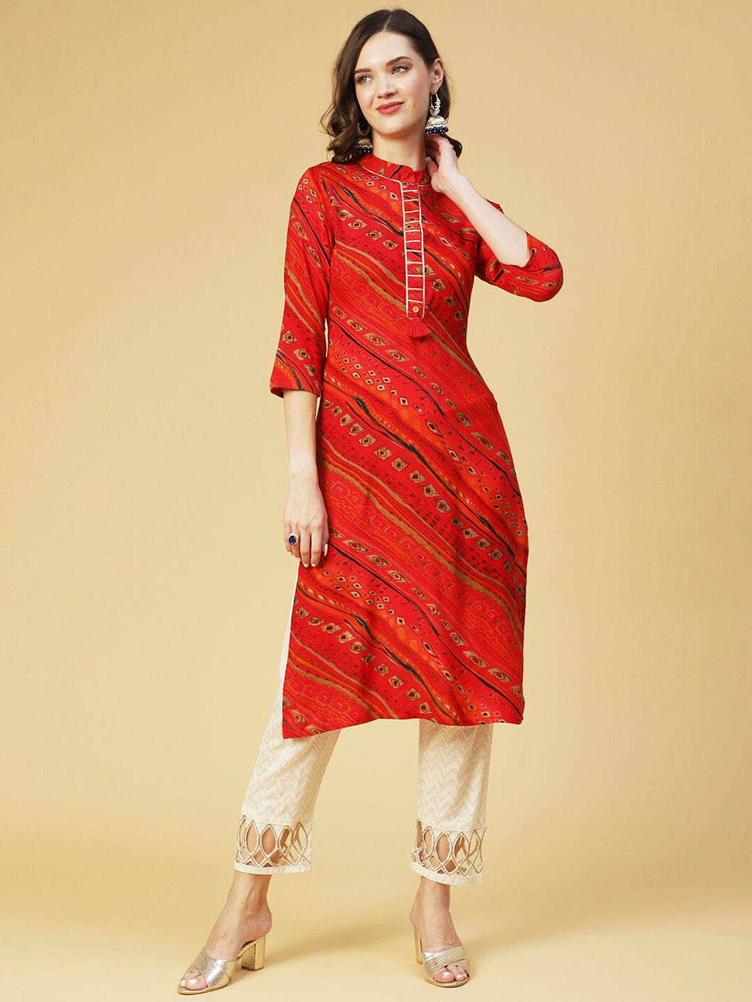

FASHOR Abstract Printed Mandarin Collar Kurta, Red