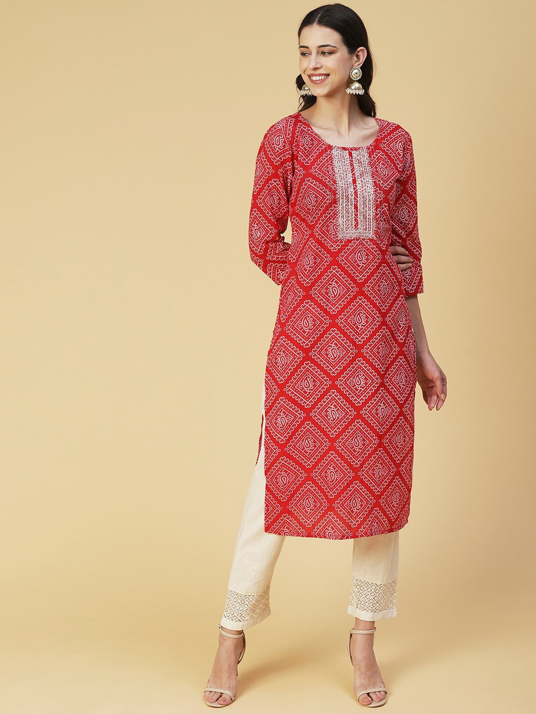 

FASHOR Bandhani Printed Cotton Kurta, Red