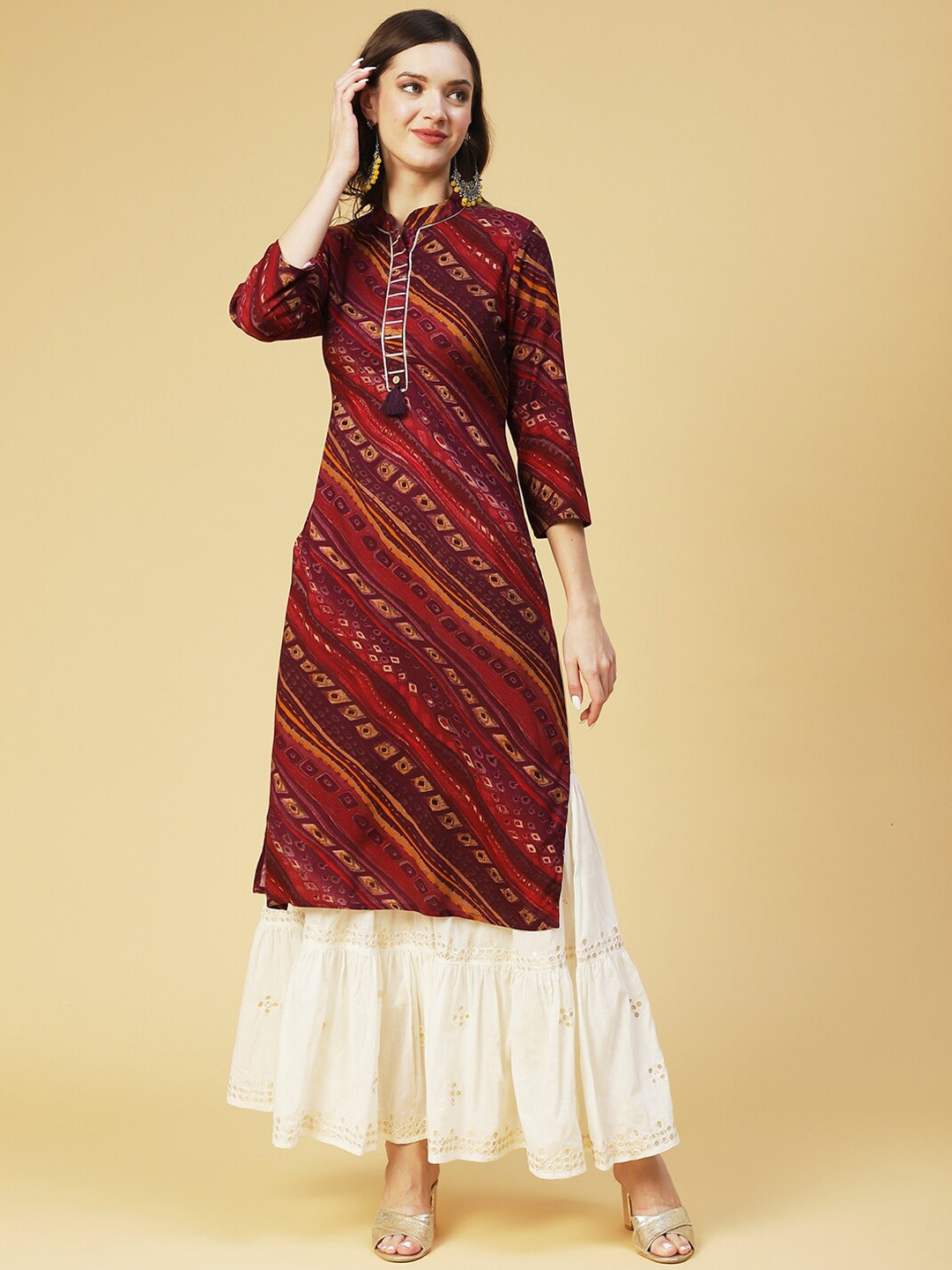 

FASHOR Geometric Printed Mandarin Collar Kurta, Maroon