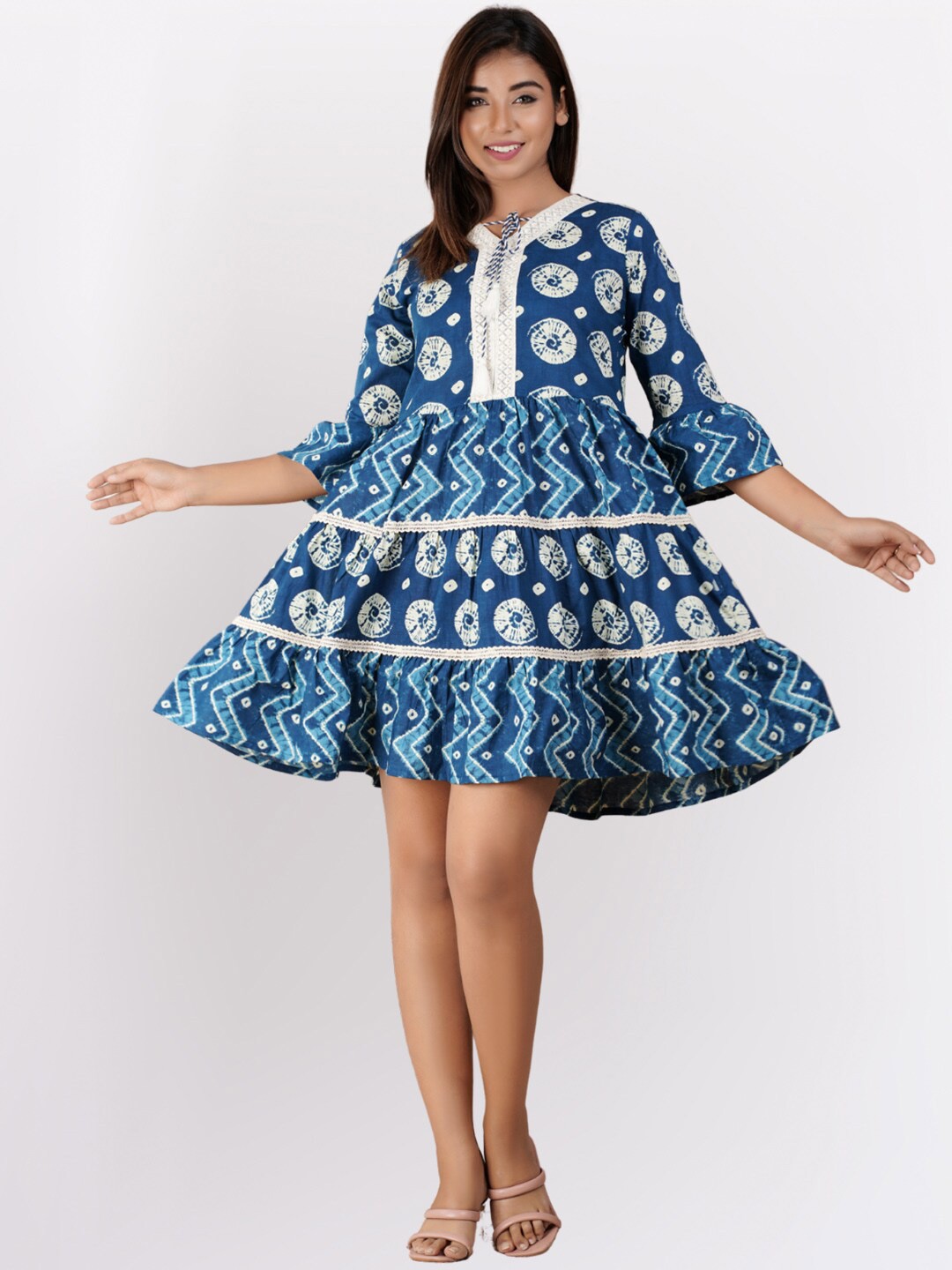 

FERANOID Ethnic Motifs Tie-Up Neck Pure Cotton Dress, Navy blue