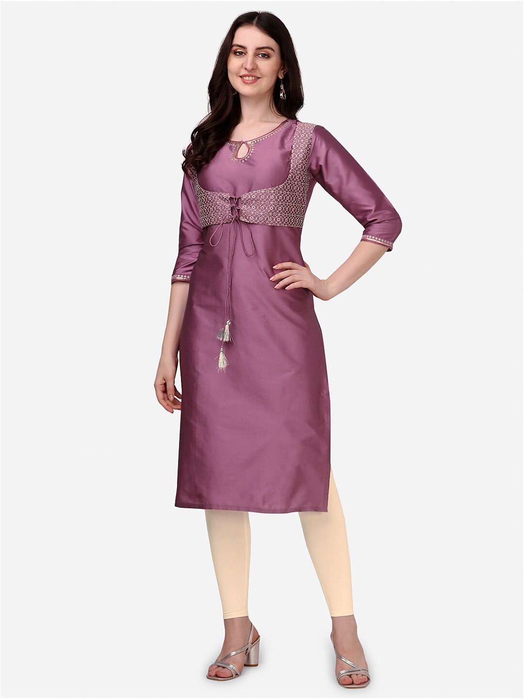 

HERE&NOW Embroidery Jacket Style Straight Kurti, Mauve