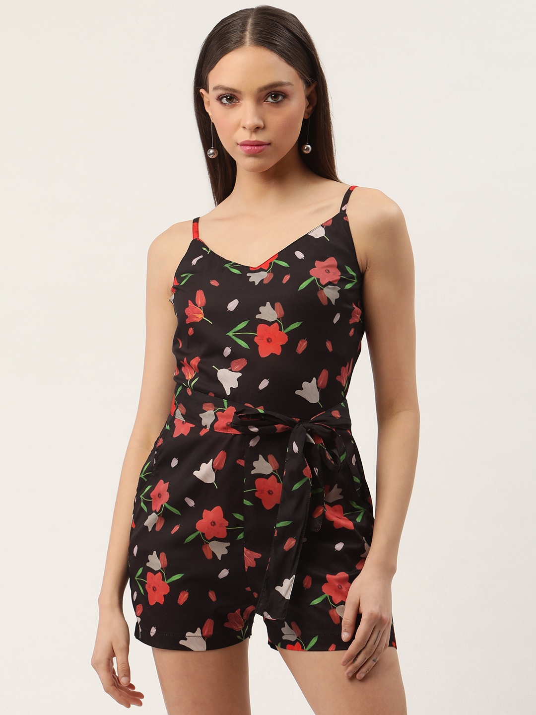 

Sleek Italia Floral Printed Playsuit with Waist Tie-Ups, Black