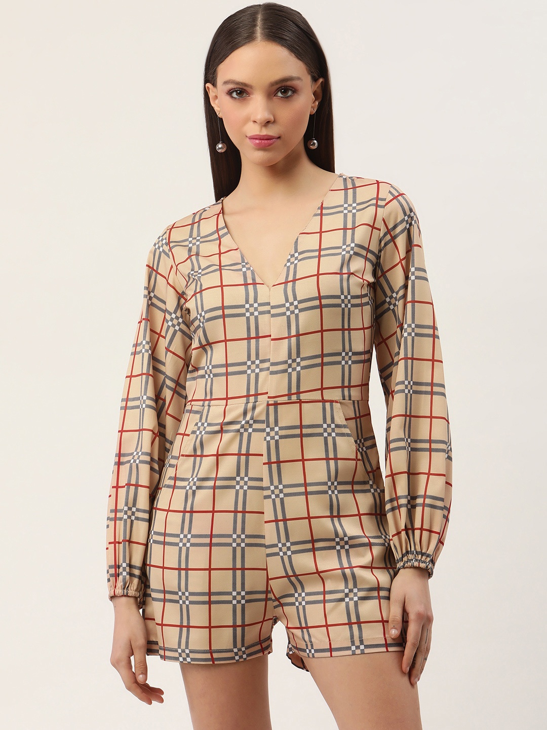 

Sleek Italia Checked Puff Sleeves Playsuit, Beige